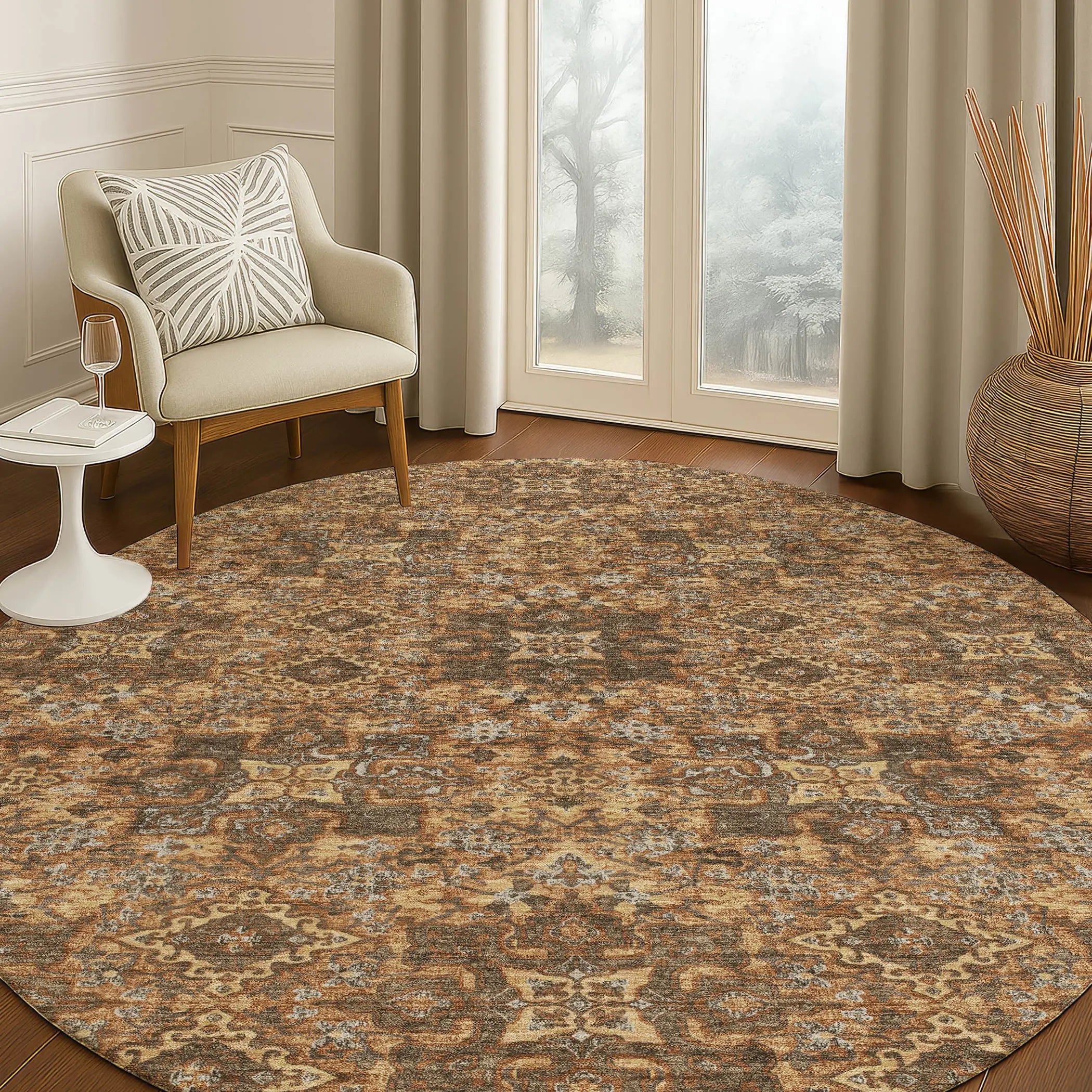 8' Orange And Linen Round Oriental Washable Indoor Outdoor Area Rug Homeroots Outdoor