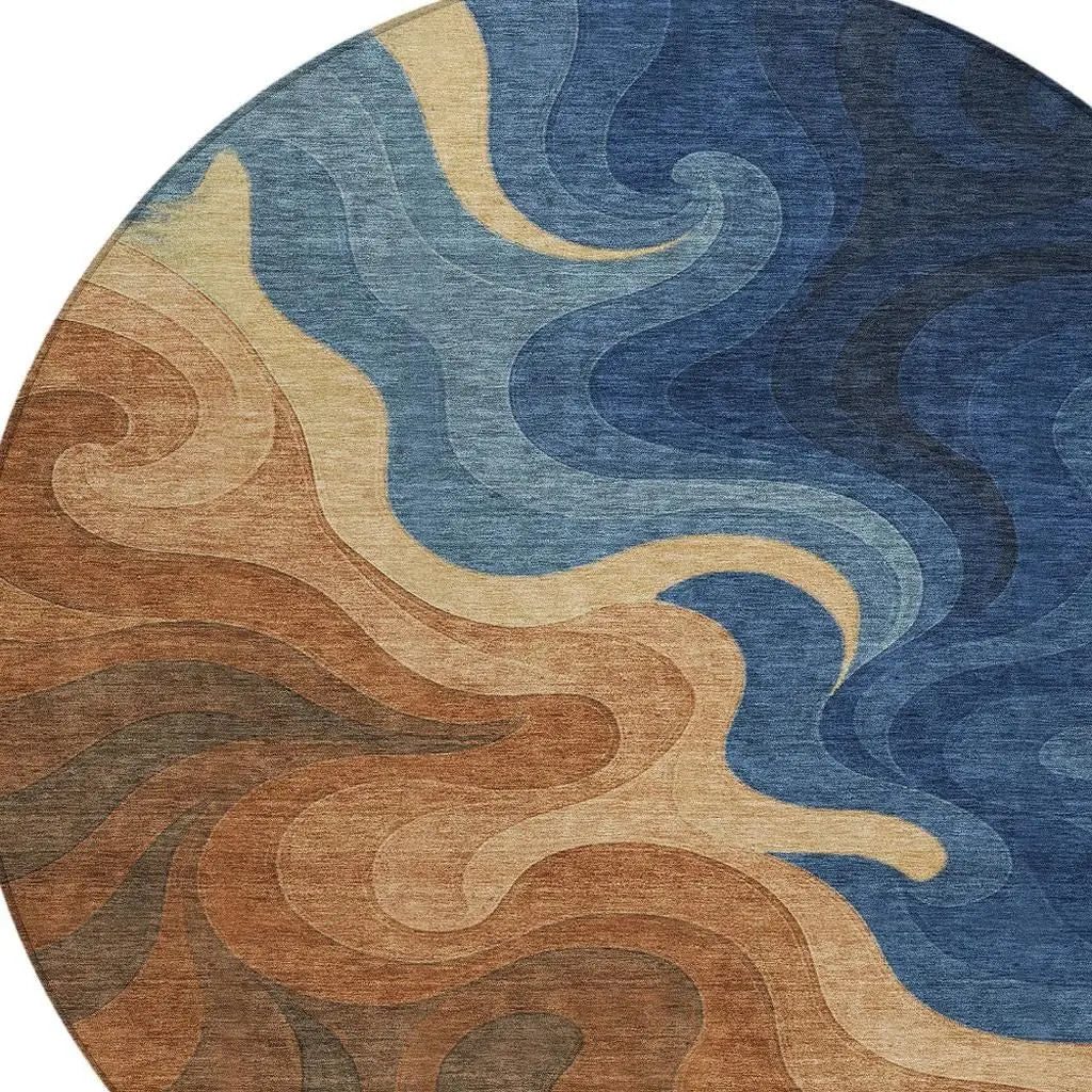 8' Orange And Navy Blue Round Abstract Washable Indoor Outdoor Area Rug Homeroots Outdoor