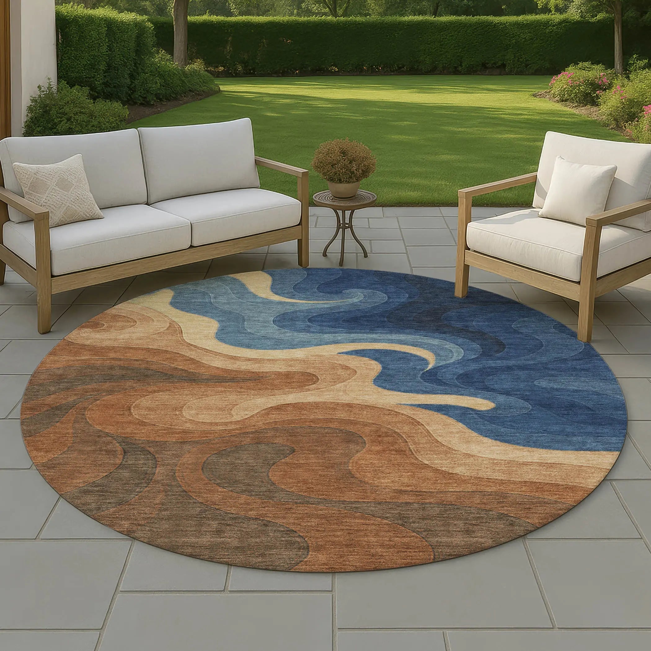 8' Orange And Navy Blue Round Abstract Washable Indoor Outdoor Area Rug Homeroots Outdoor