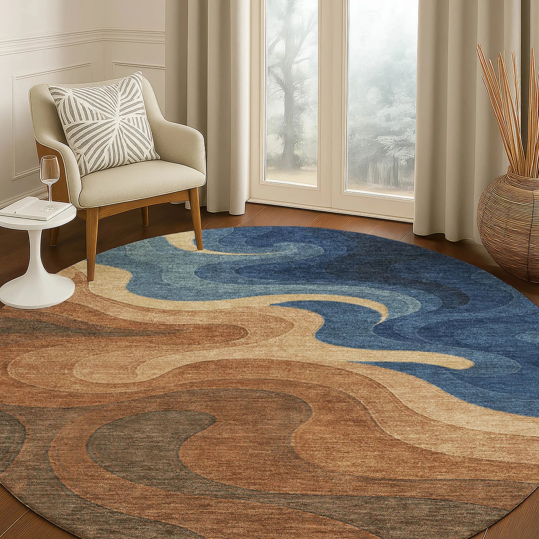 8' Orange And Navy Blue Round Abstract Washable Indoor Outdoor Area Rug Homeroots Outdoor
