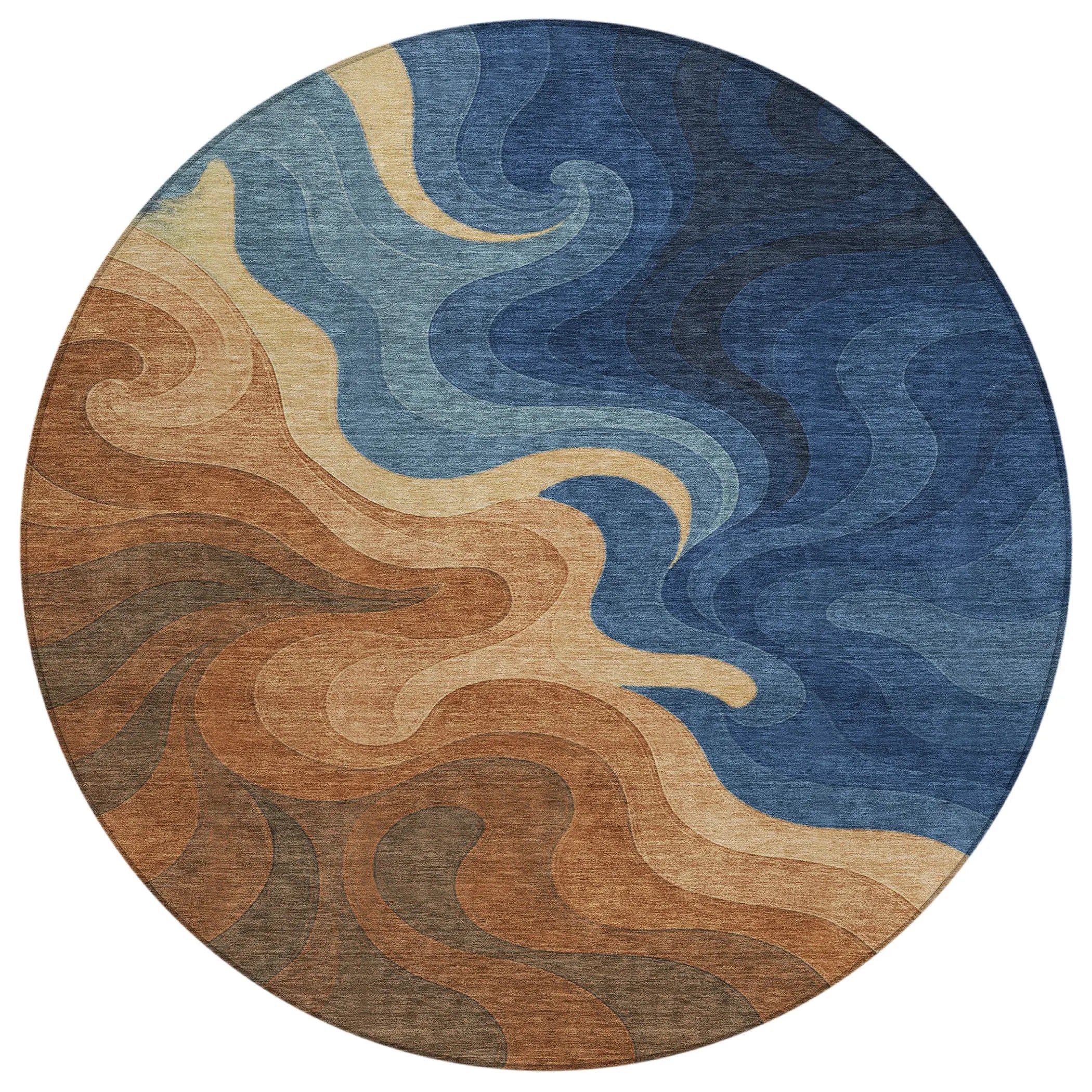 8' Orange And Navy Blue Round Abstract Washable Indoor Outdoor Area Rug Homeroots Outdoor