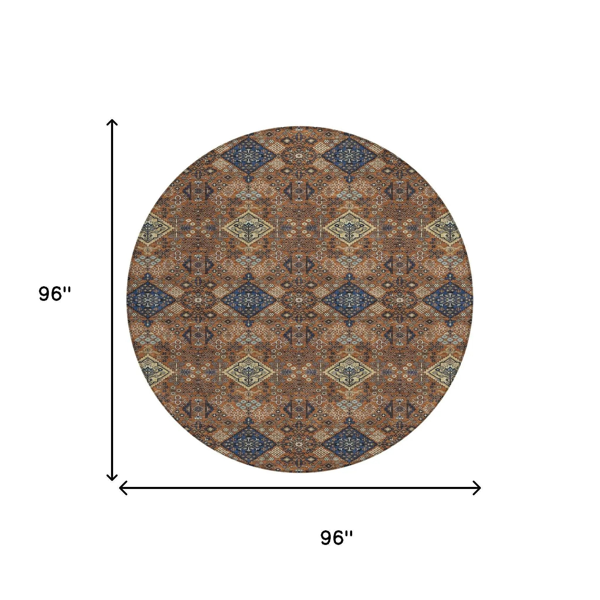 8' Orange And Navy Blue Round Geometric Washable Indoor Outdoor Area Rug Homeroots Outdoor