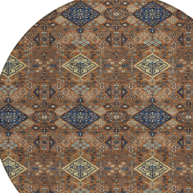 8' Orange And Navy Blue Round Geometric Washable Indoor Outdoor Area Rug Homeroots Outdoor