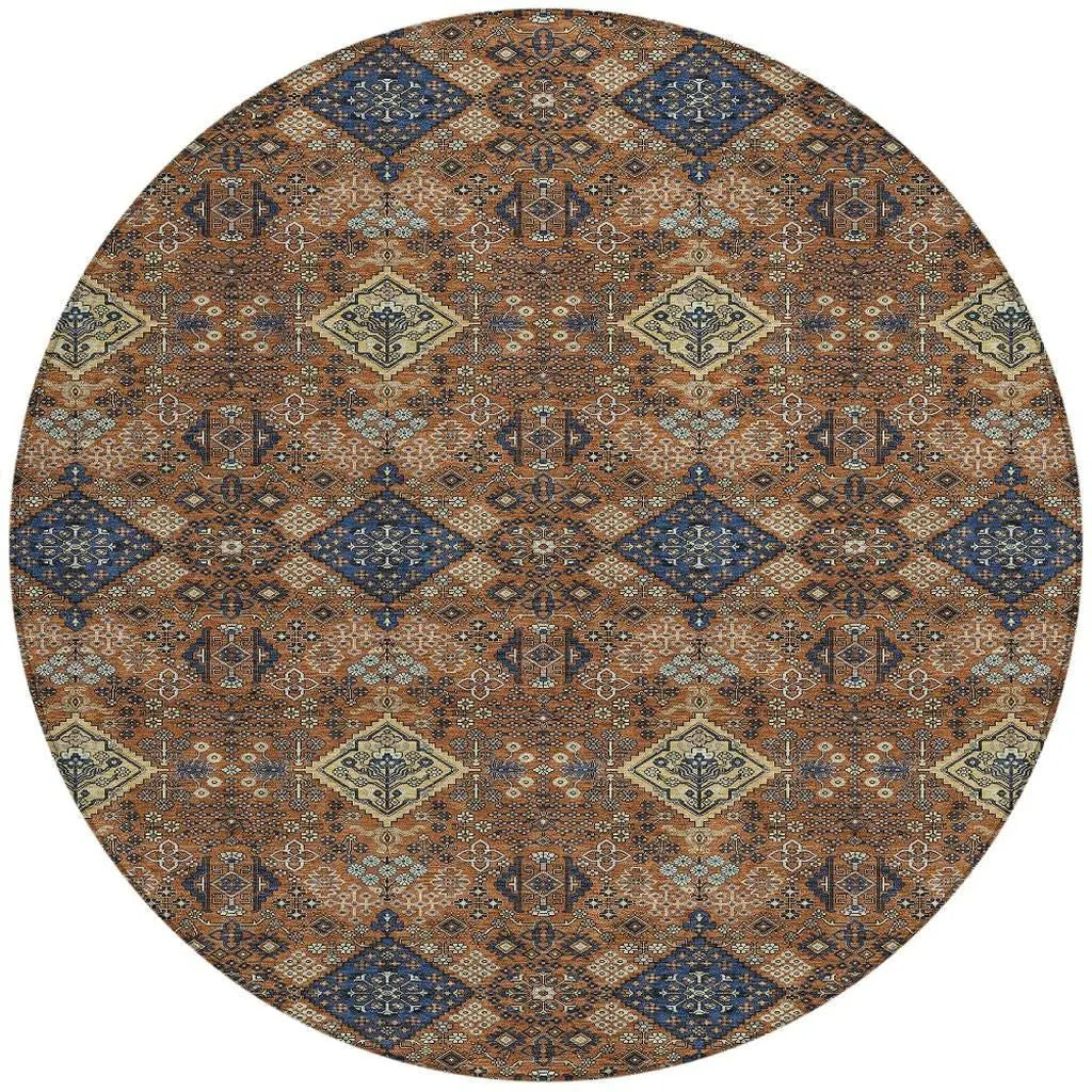 8' Orange And Navy Blue Round Geometric Washable Indoor Outdoor Area Rug Homeroots Outdoor