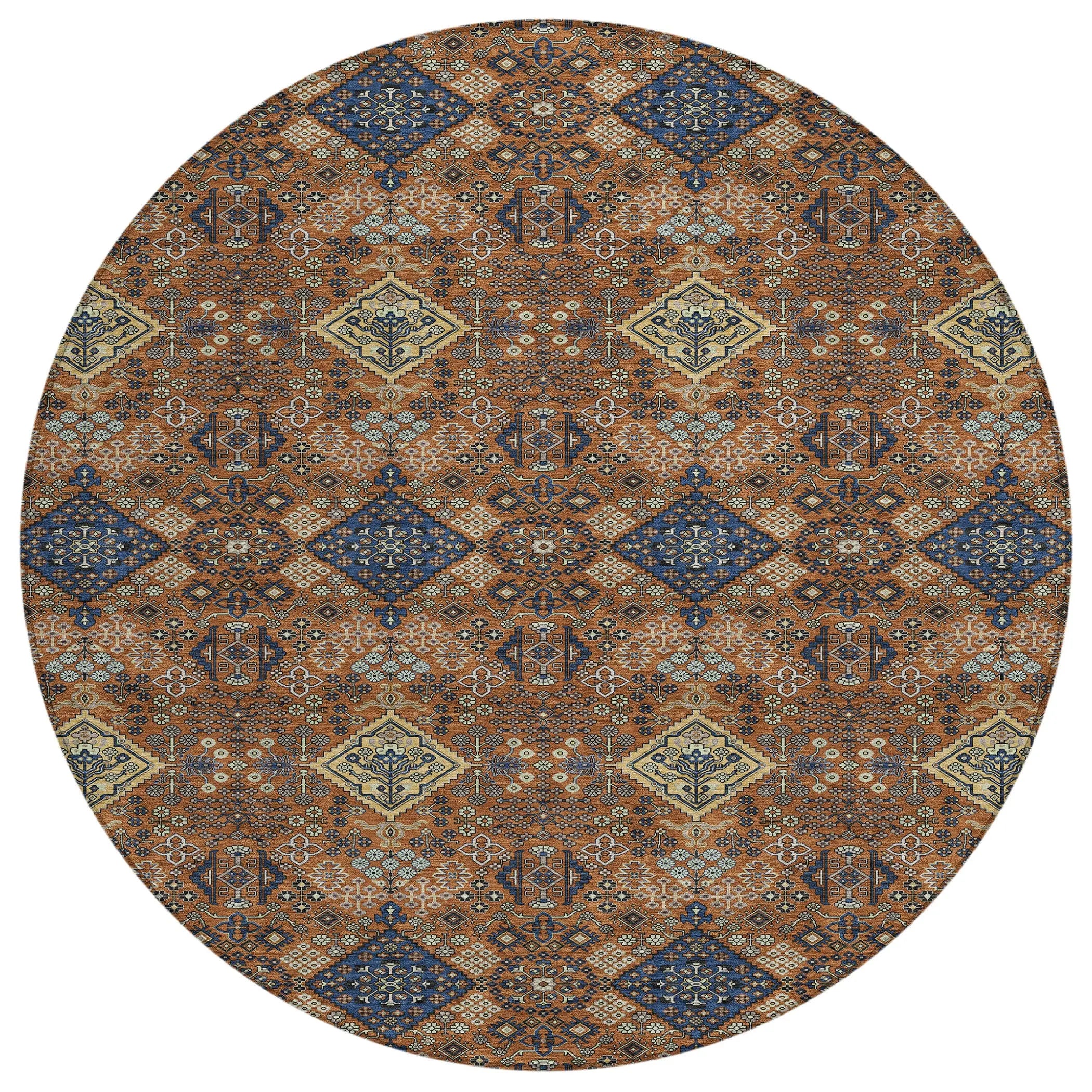 8' Orange And Navy Blue Round Geometric Washable Indoor Outdoor Area Rug Homeroots Outdoor