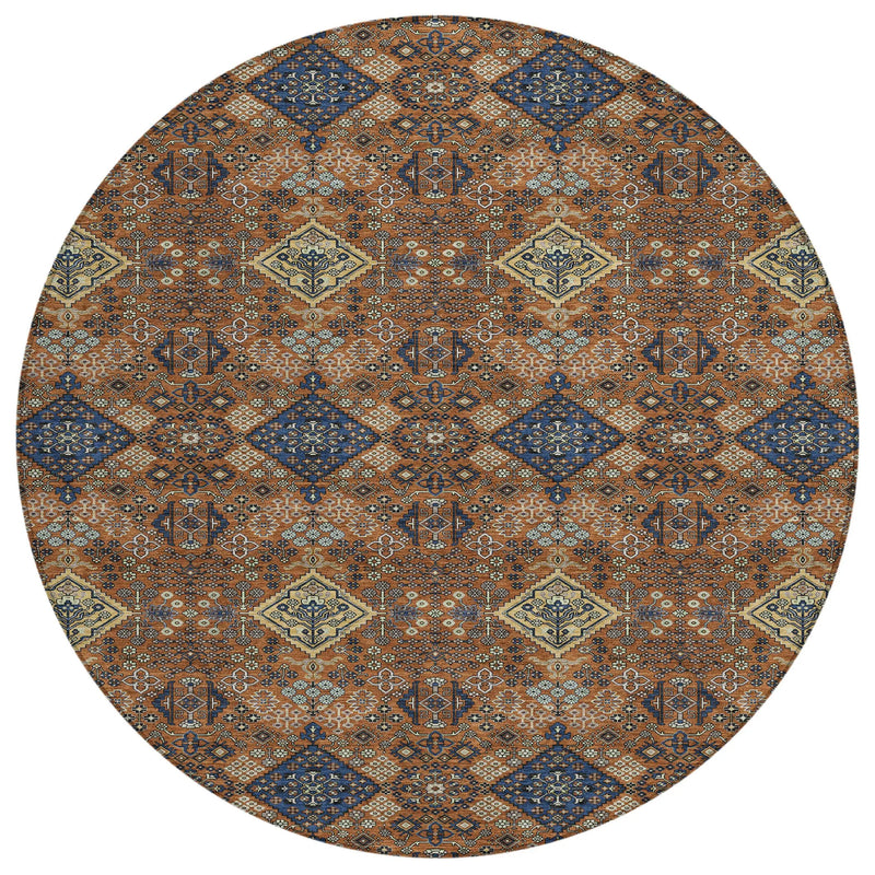 8' Orange And Navy Blue Round Geometric Washable Indoor Outdoor Area Rug Homeroots Outdoor