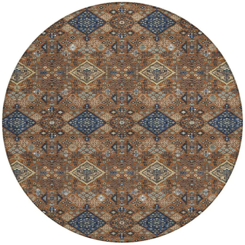 8' Orange And Navy Blue Round Geometric Washable Indoor Outdoor Area Rug Homeroots Outdoor