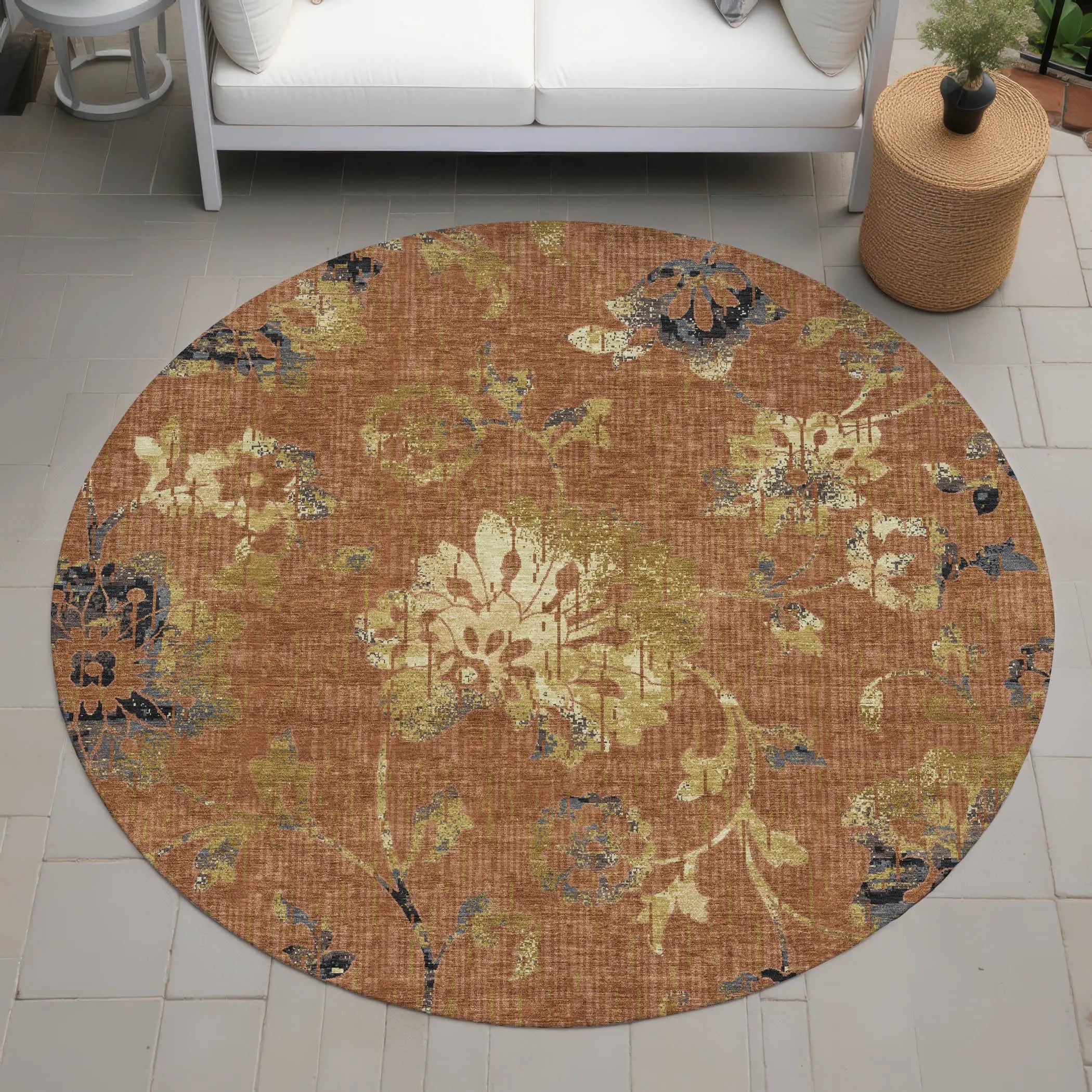 8' Orange And Rust Round Floral Washable Indoor Outdoor Area Rug Homeroots Outdoor