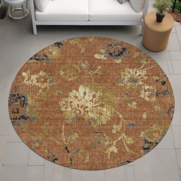 8' Orange And Rust Round Floral Washable Indoor Outdoor Area Rug Homeroots Outdoor