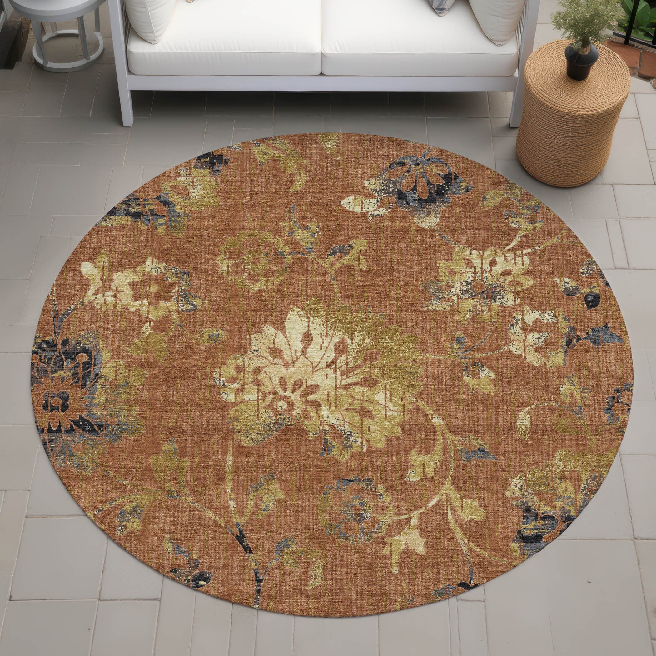 8' Orange And Rust Round Floral Washable Indoor Outdoor Area Rug Homeroots Outdoor