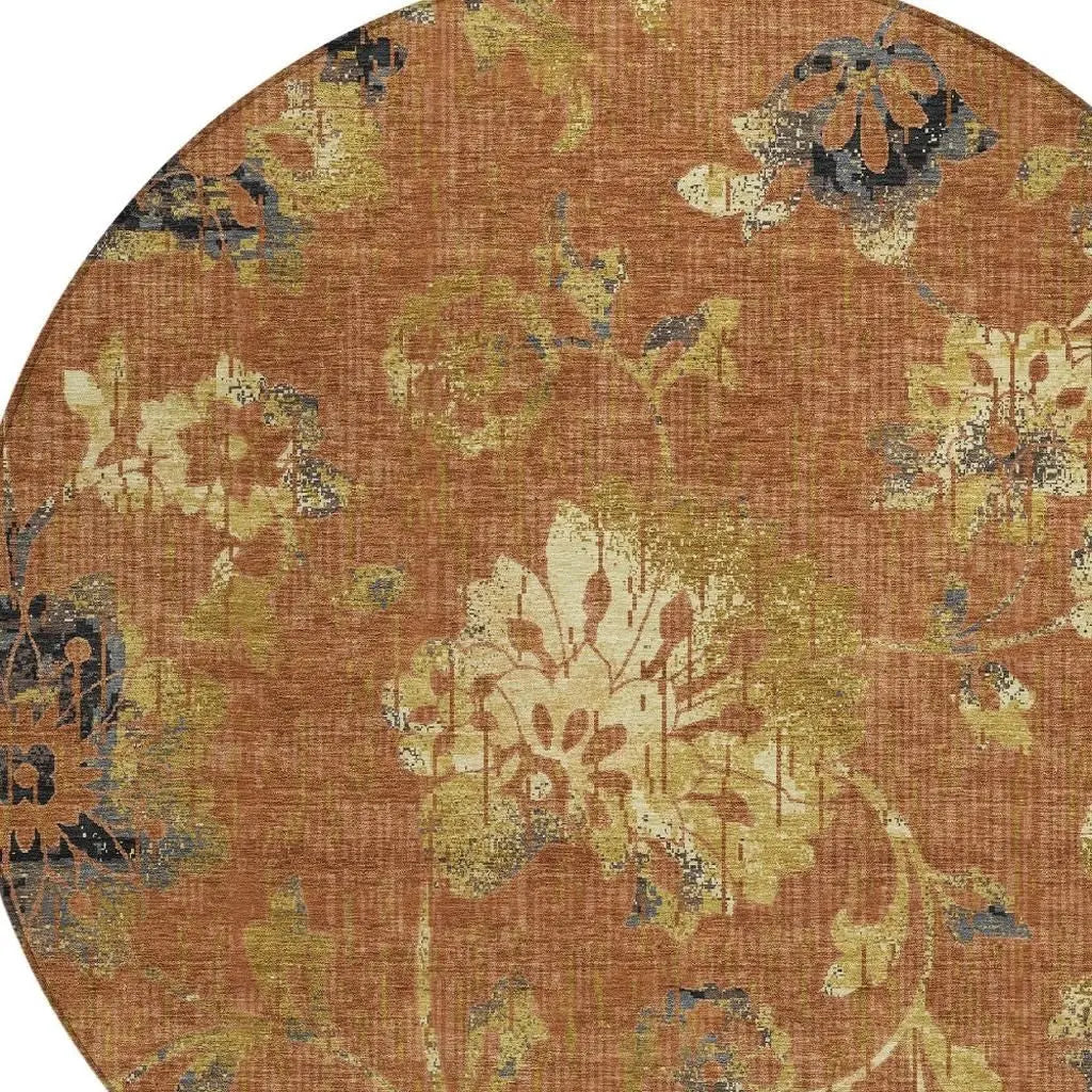 8' Orange And Rust Round Floral Washable Indoor Outdoor Area Rug Homeroots Outdoor