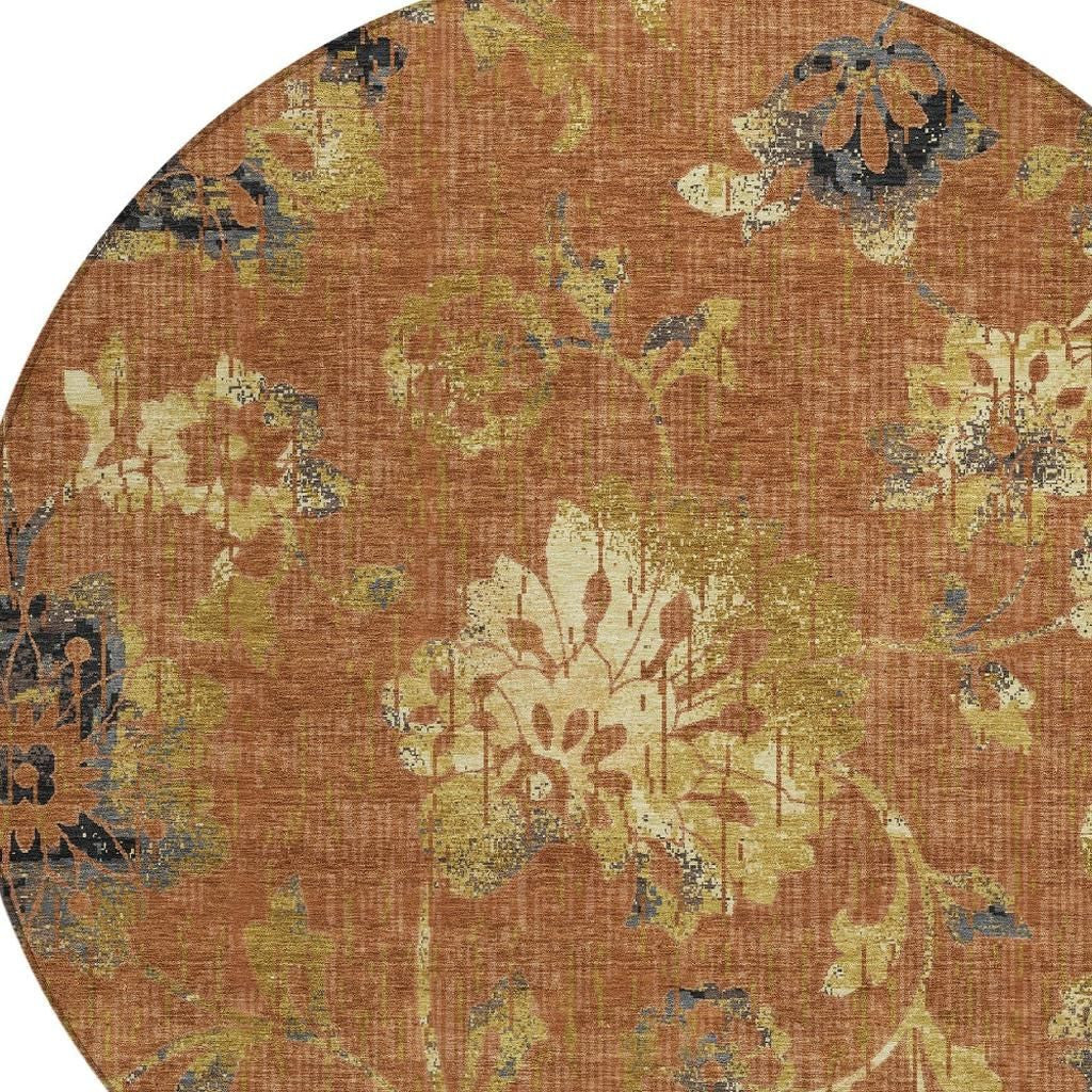 8' Orange And Rust Round Floral Washable Indoor Outdoor Area Rug Homeroots Outdoor