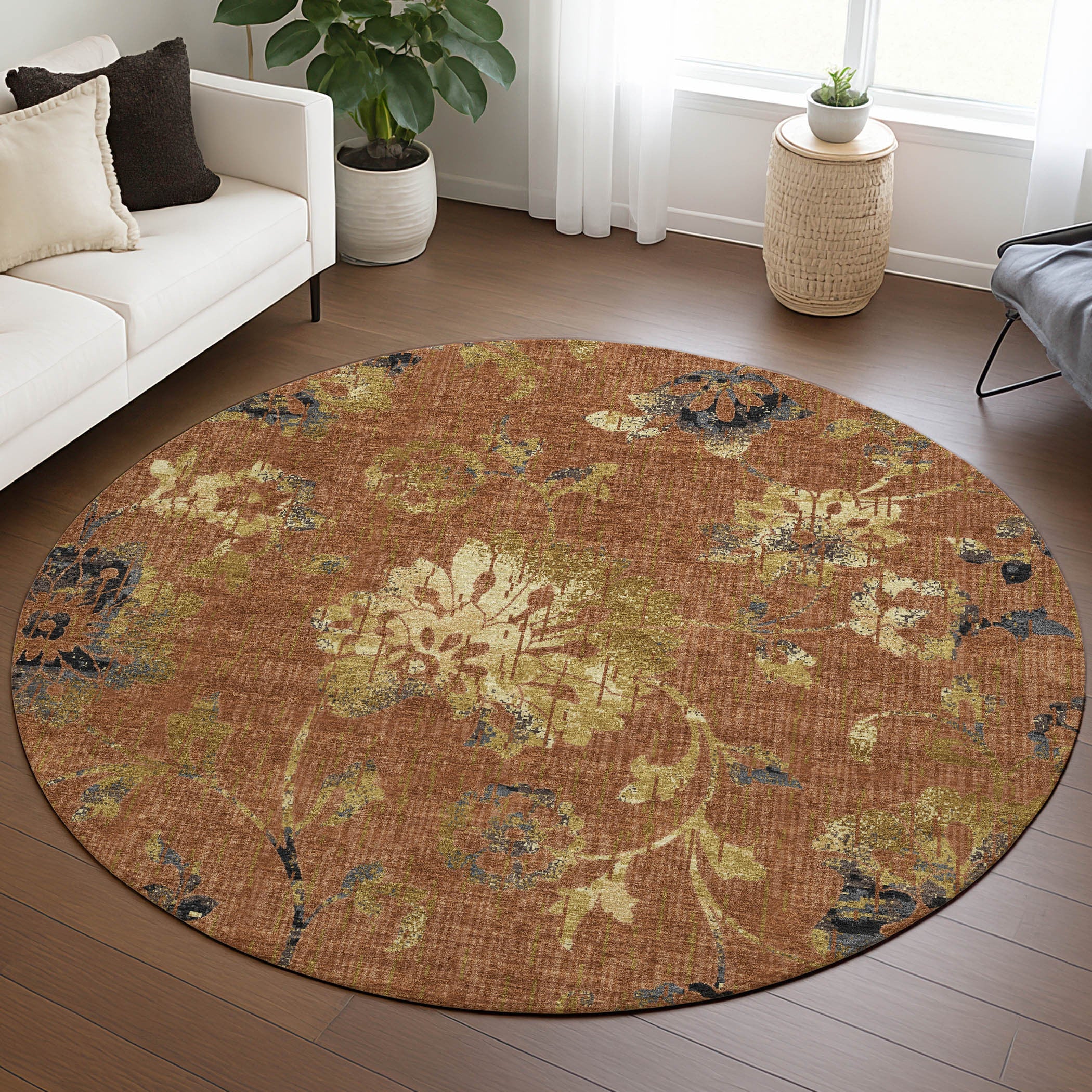 8' Orange And Rust Round Floral Washable Indoor Outdoor Area Rug Homeroots Outdoor