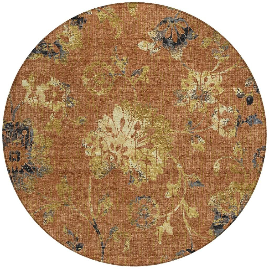 8' Orange And Rust Round Floral Washable Indoor Outdoor Area Rug Homeroots Outdoor