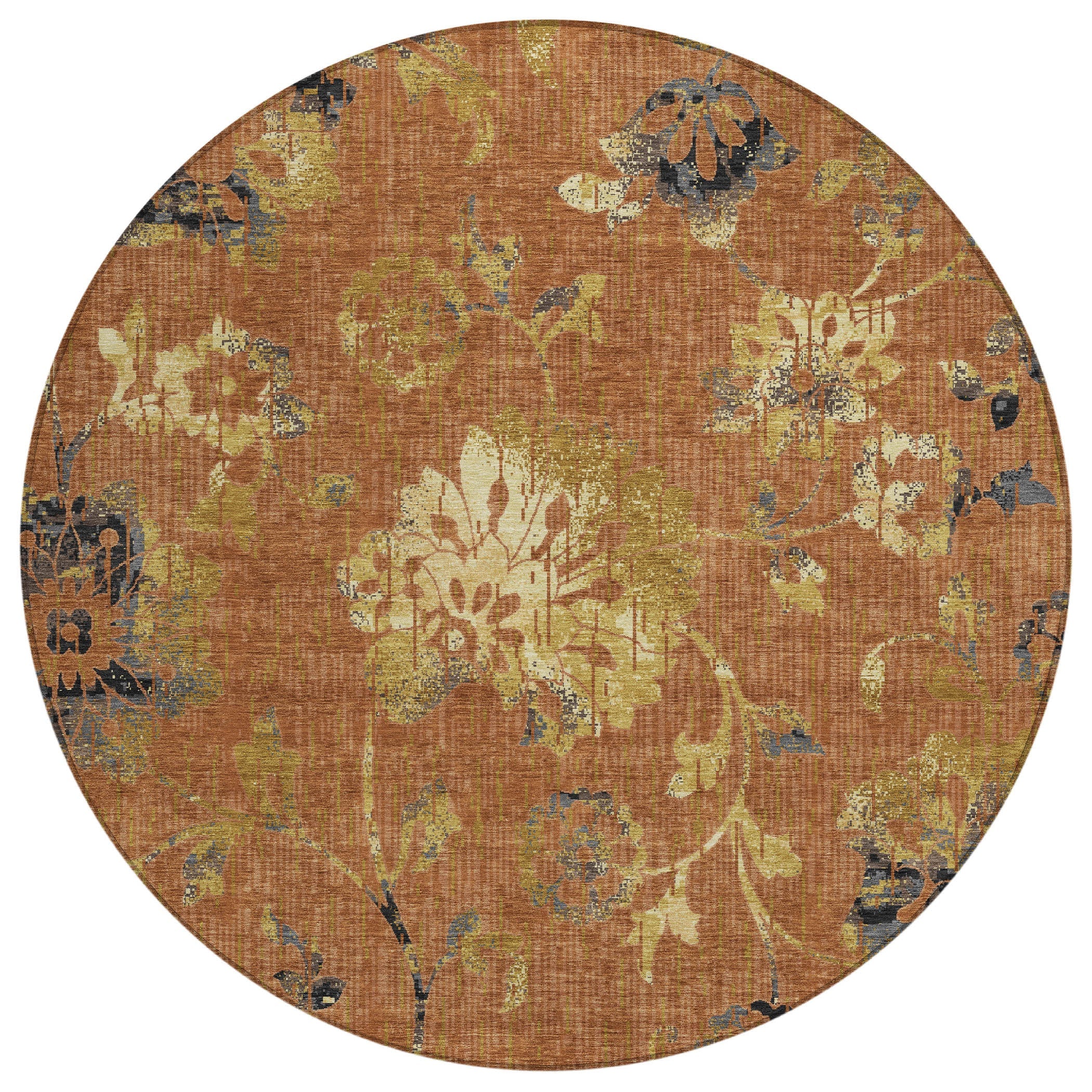 8' Orange And Rust Round Floral Washable Indoor Outdoor Area Rug Homeroots Outdoor