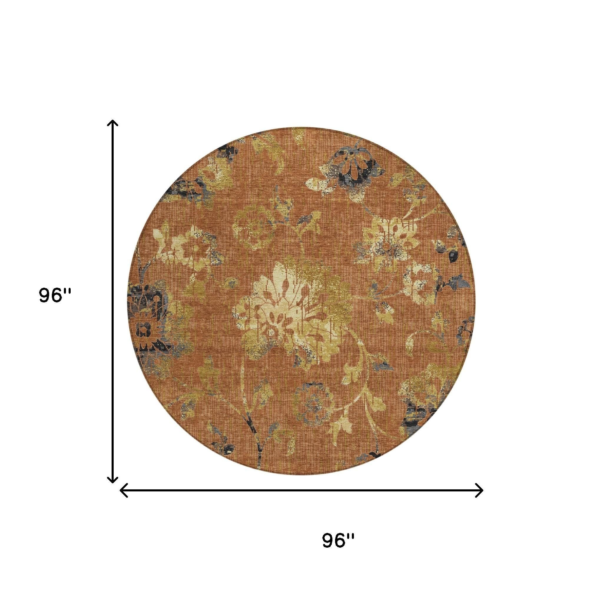 8' Orange And Rust Round Floral Washable Indoor Outdoor Area Rug Homeroots Outdoor