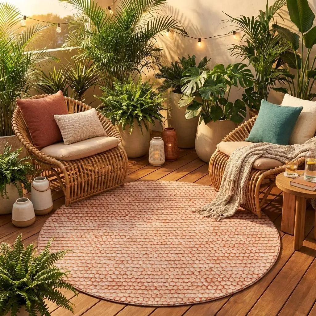 8' Orange And Salmon Round Striped Washable Indoor Outdoor Area Rug Homeroots Outdoor