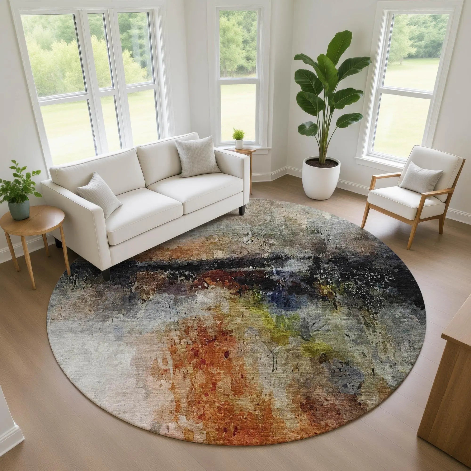 8' Orange And Silver Round Abstract Washable Indoor Outdoor Area Rug Homeroots Outdoor