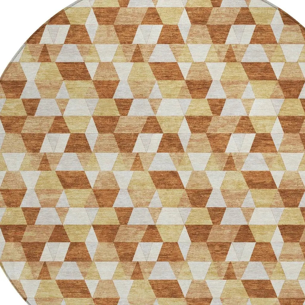 8' Orange And Silver Round Geometric Washable Indoor Outdoor Area Rug Homeroots Outdoor