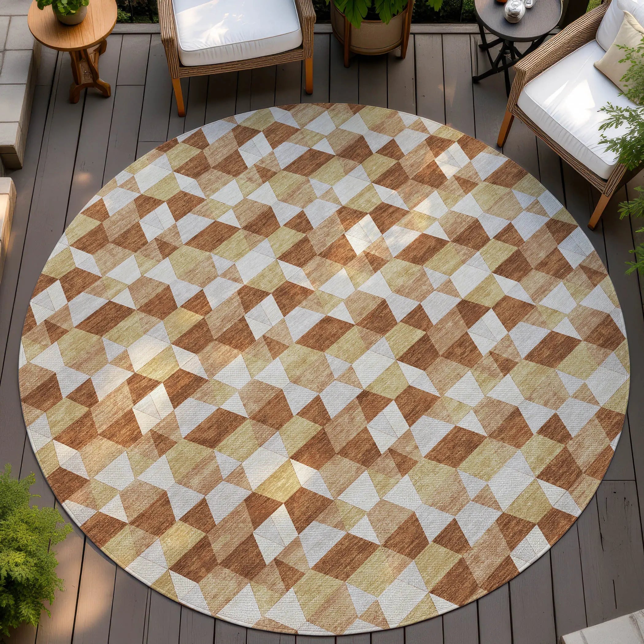 8' Orange And Silver Round Geometric Washable Indoor Outdoor Area Rug Homeroots Outdoor