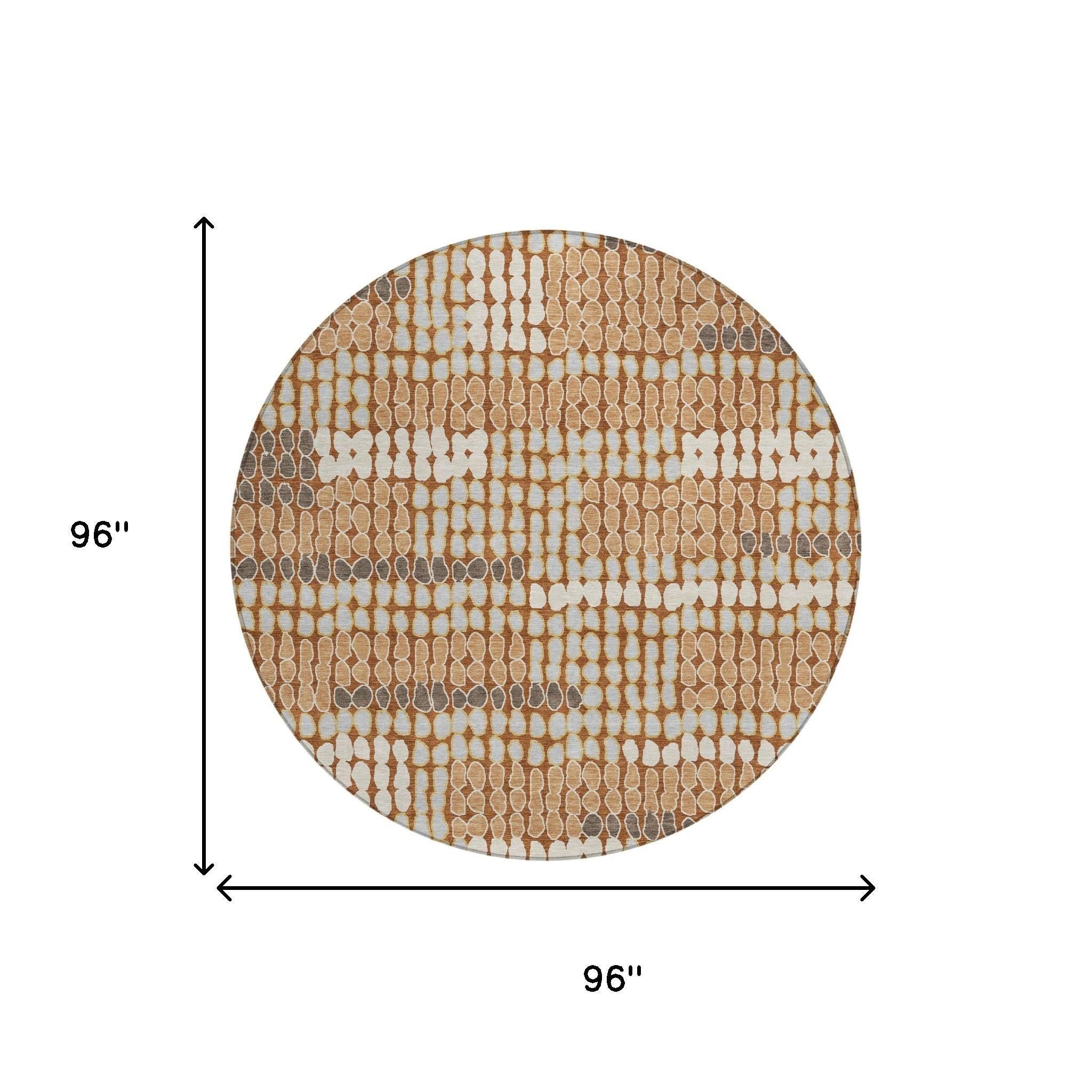 8' Orange And Silver Round Geometric Washable Indoor Outdoor Area Rug Homeroots Outdoor