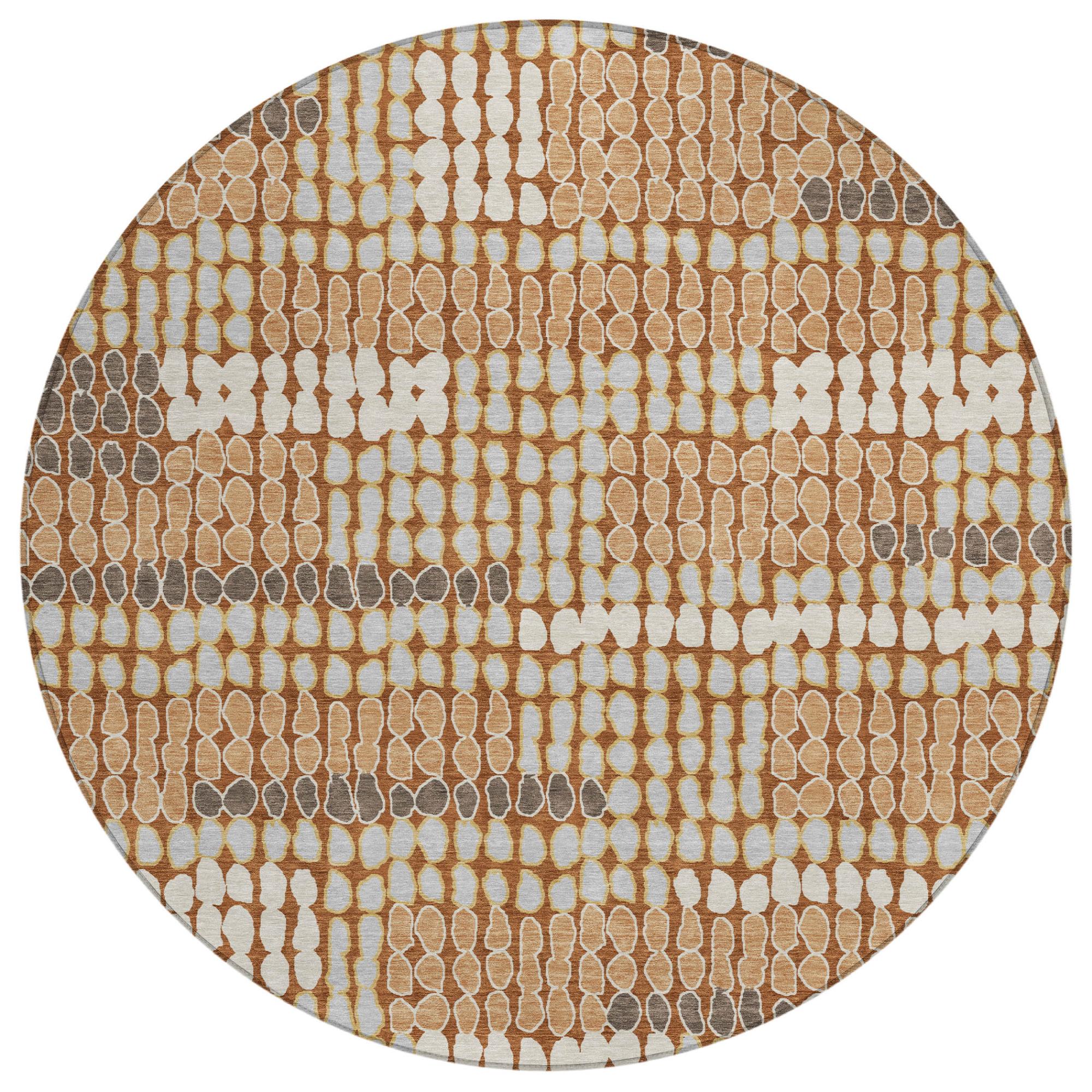 8' Orange And Silver Round Geometric Washable Indoor Outdoor Area Rug Homeroots Outdoor