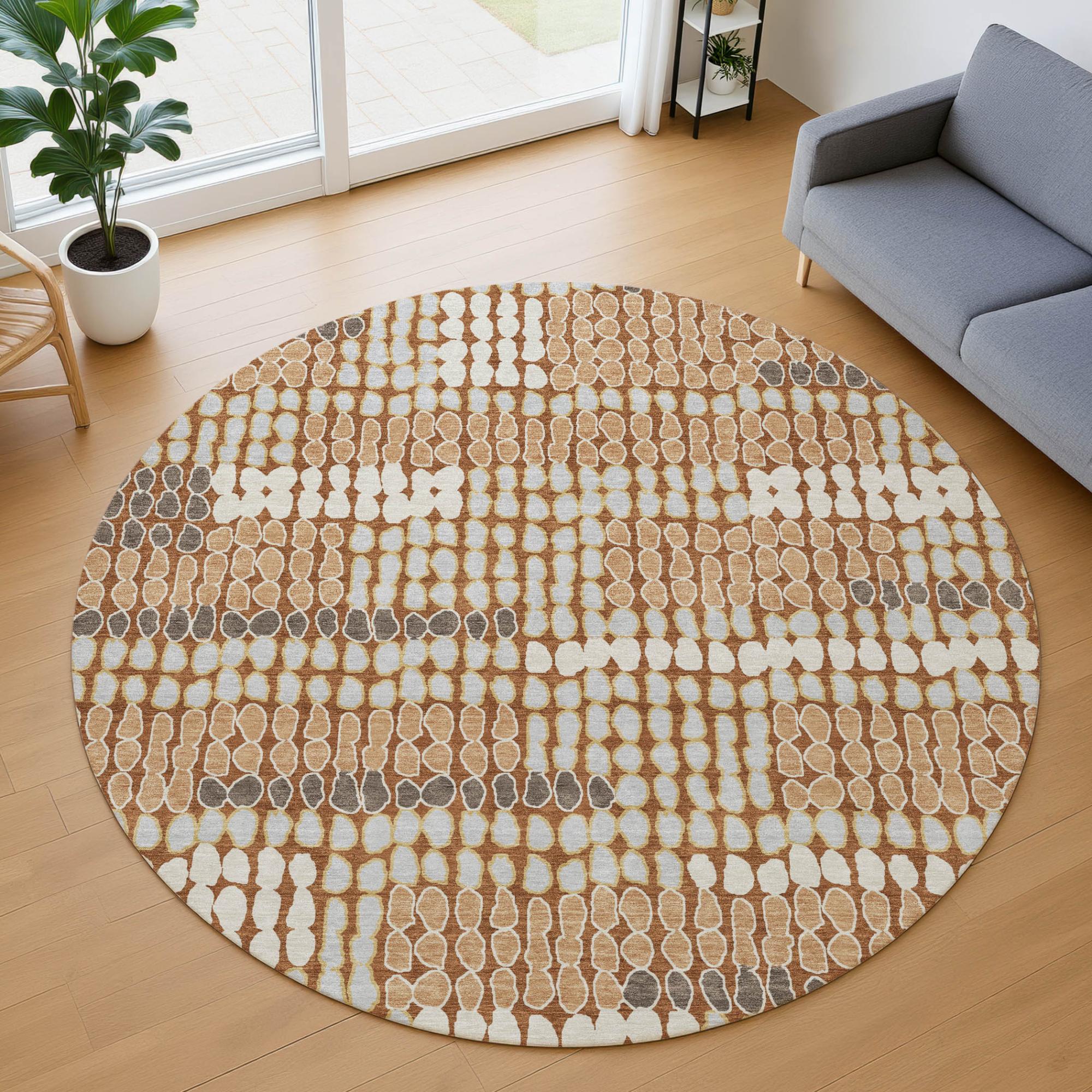 8' Orange And Silver Round Geometric Washable Indoor Outdoor Area Rug Homeroots Outdoor