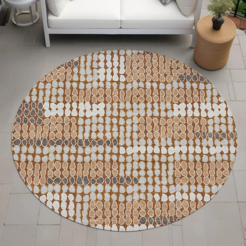 8' Orange And Silver Round Geometric Washable Indoor Outdoor Area Rug Homeroots Outdoor