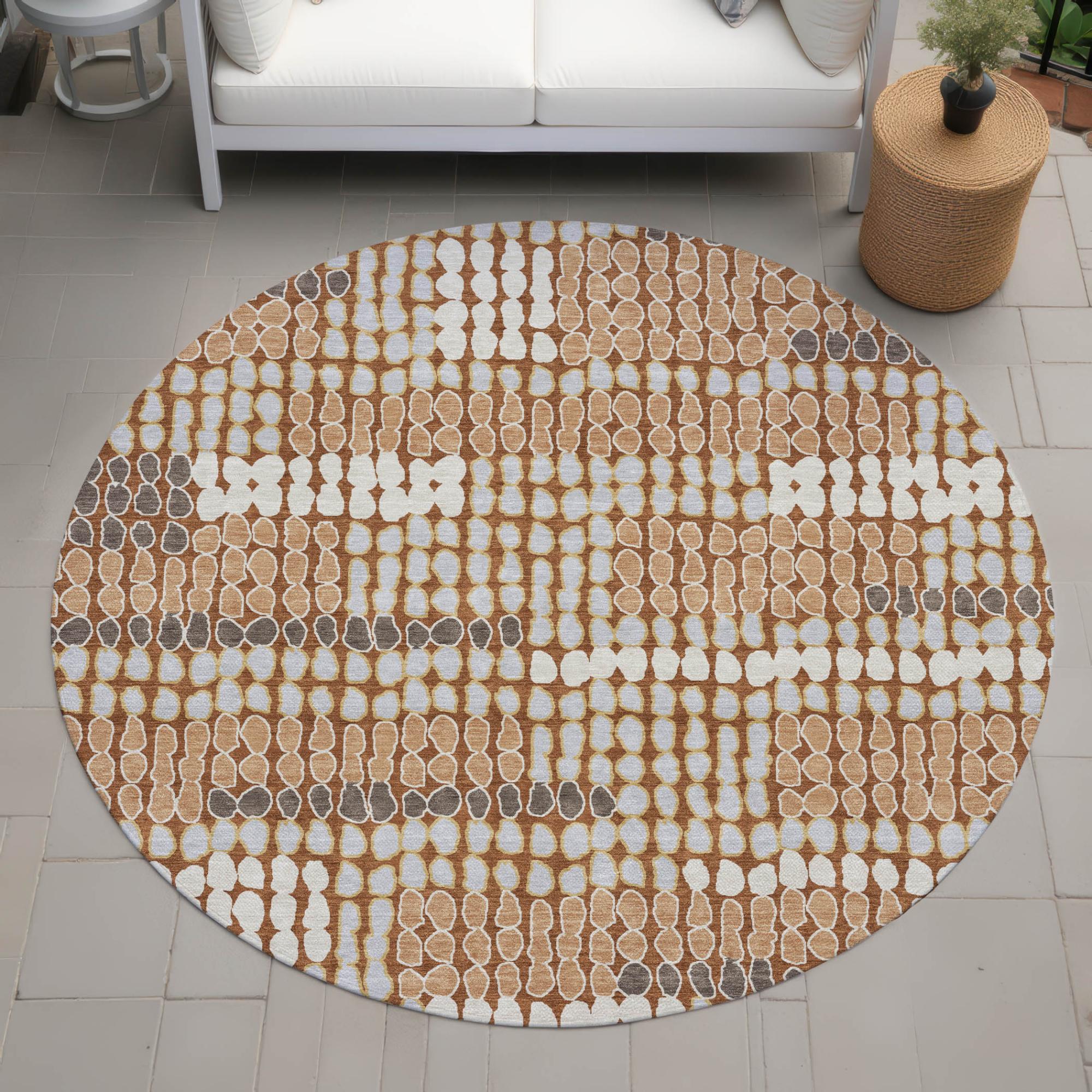 8' Orange And Silver Round Geometric Washable Indoor Outdoor Area Rug Homeroots Outdoor