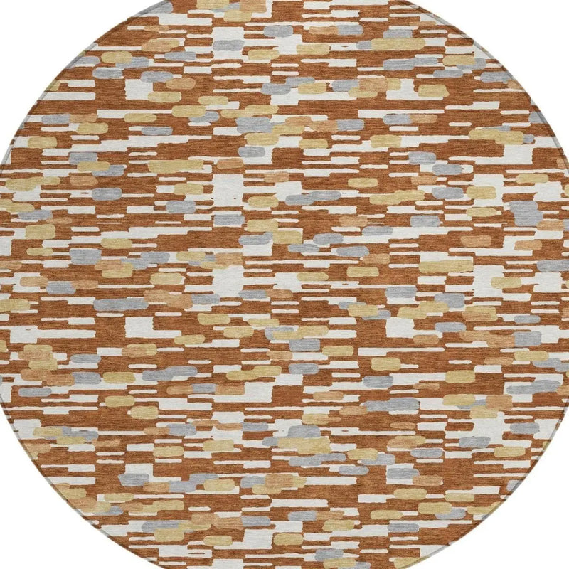 8' Orange And Silver Round Geometric Washable Indoor Outdoor Area Rug Homeroots Outdoor