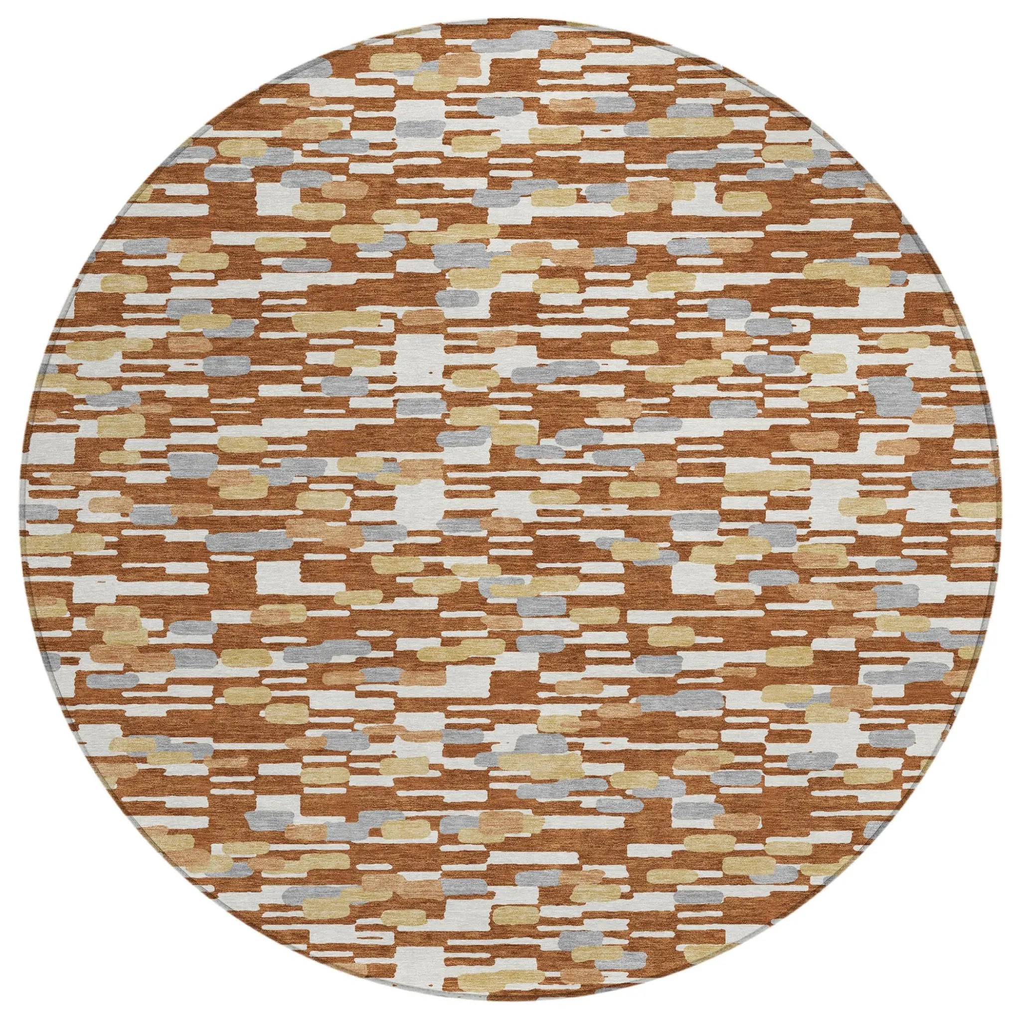 8' Orange And Silver Round Geometric Washable Indoor Outdoor Area Rug Homeroots Outdoor