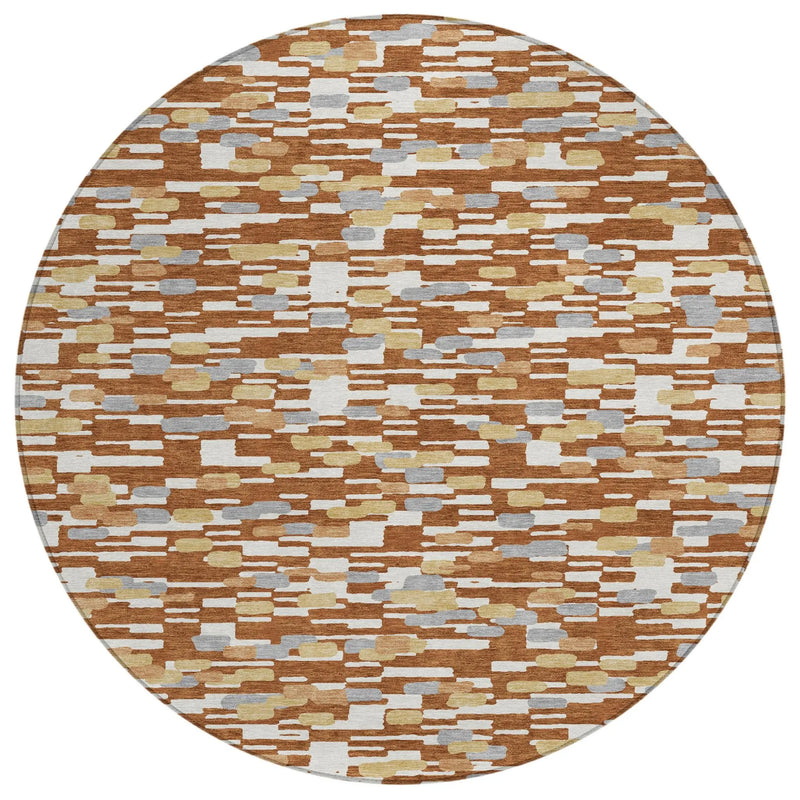 8' Orange And Silver Round Geometric Washable Indoor Outdoor Area Rug Homeroots Outdoor