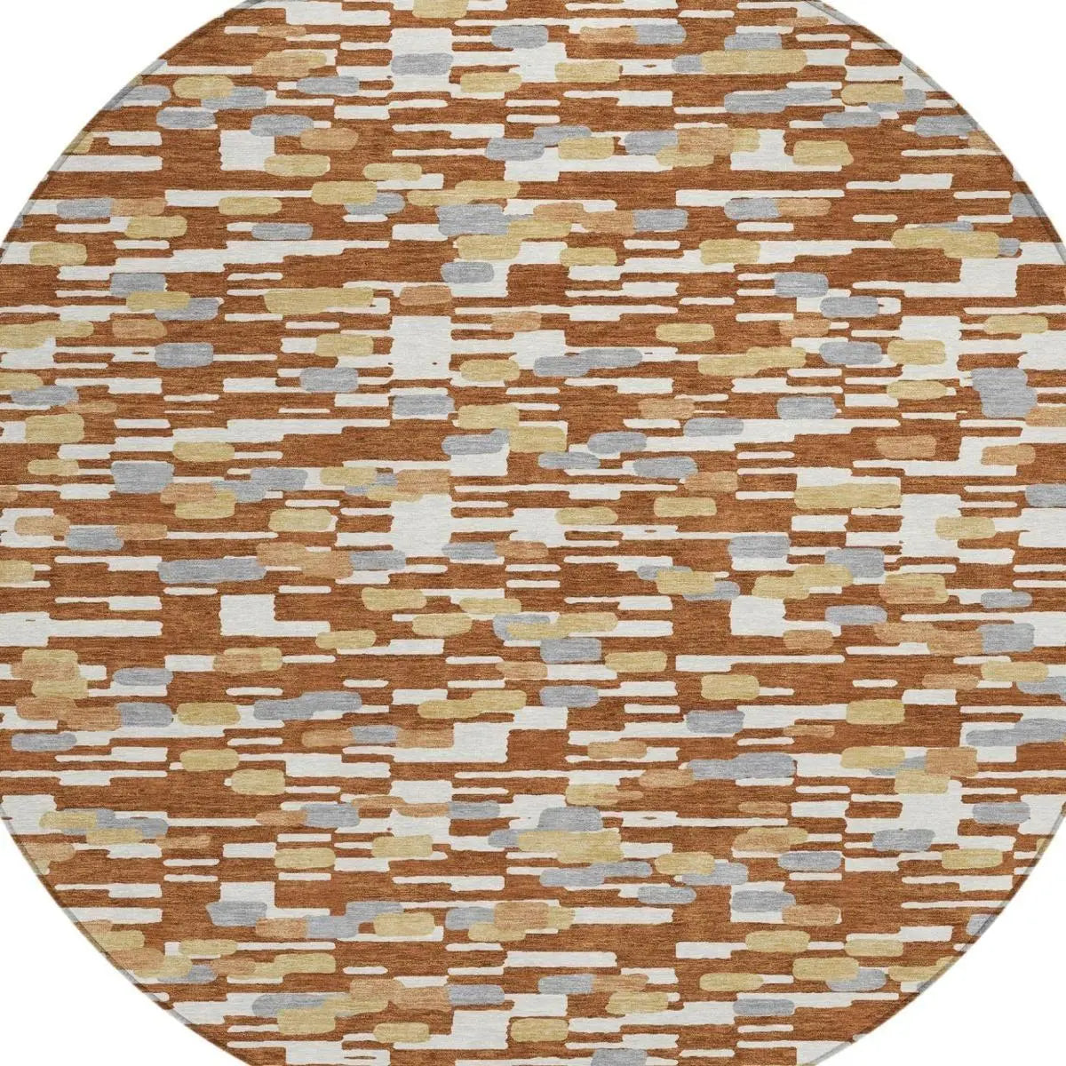8' Orange And Silver Round Geometric Washable Indoor Outdoor Area Rug Homeroots Outdoor