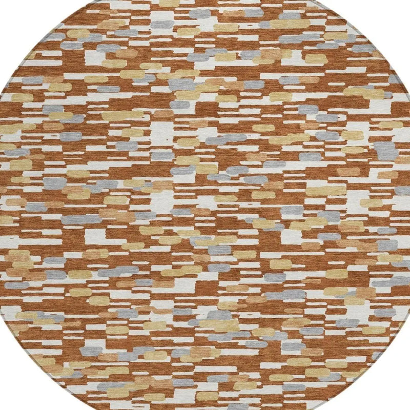 8' Orange And Silver Round Geometric Washable Indoor Outdoor Area Rug Homeroots Outdoor