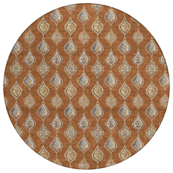 8' Orange And Taupe Round Floral Washable Indoor Outdoor Area Rug Homeroots Outdoor