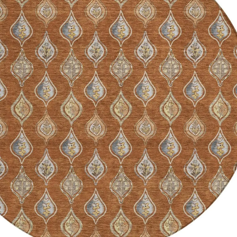 8' Orange And Taupe Round Floral Washable Indoor Outdoor Area Rug Homeroots Outdoor