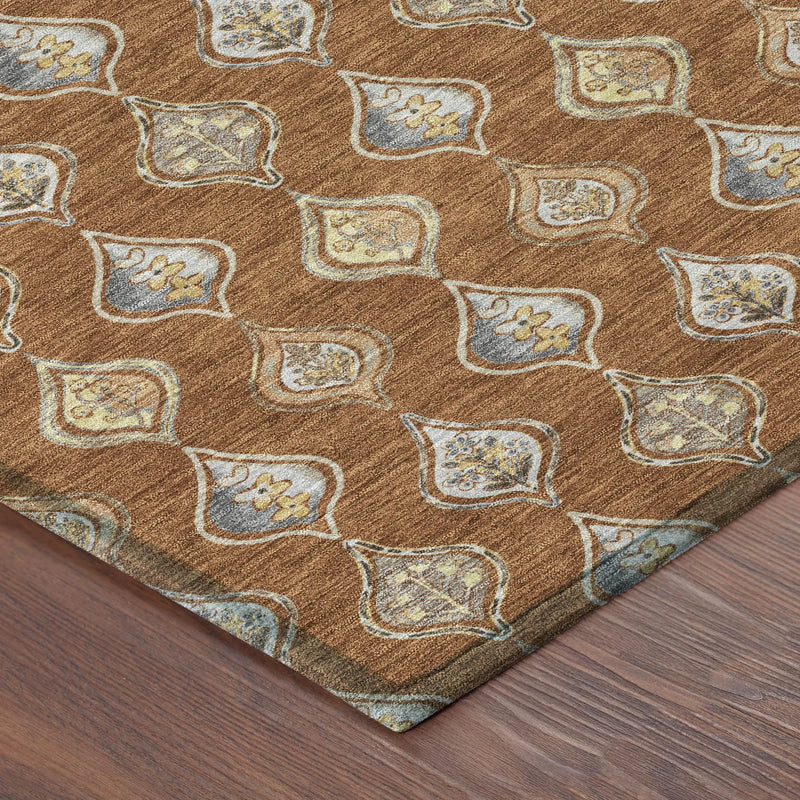 8' Orange And Taupe Round Floral Washable Indoor Outdoor Area Rug Homeroots Outdoor