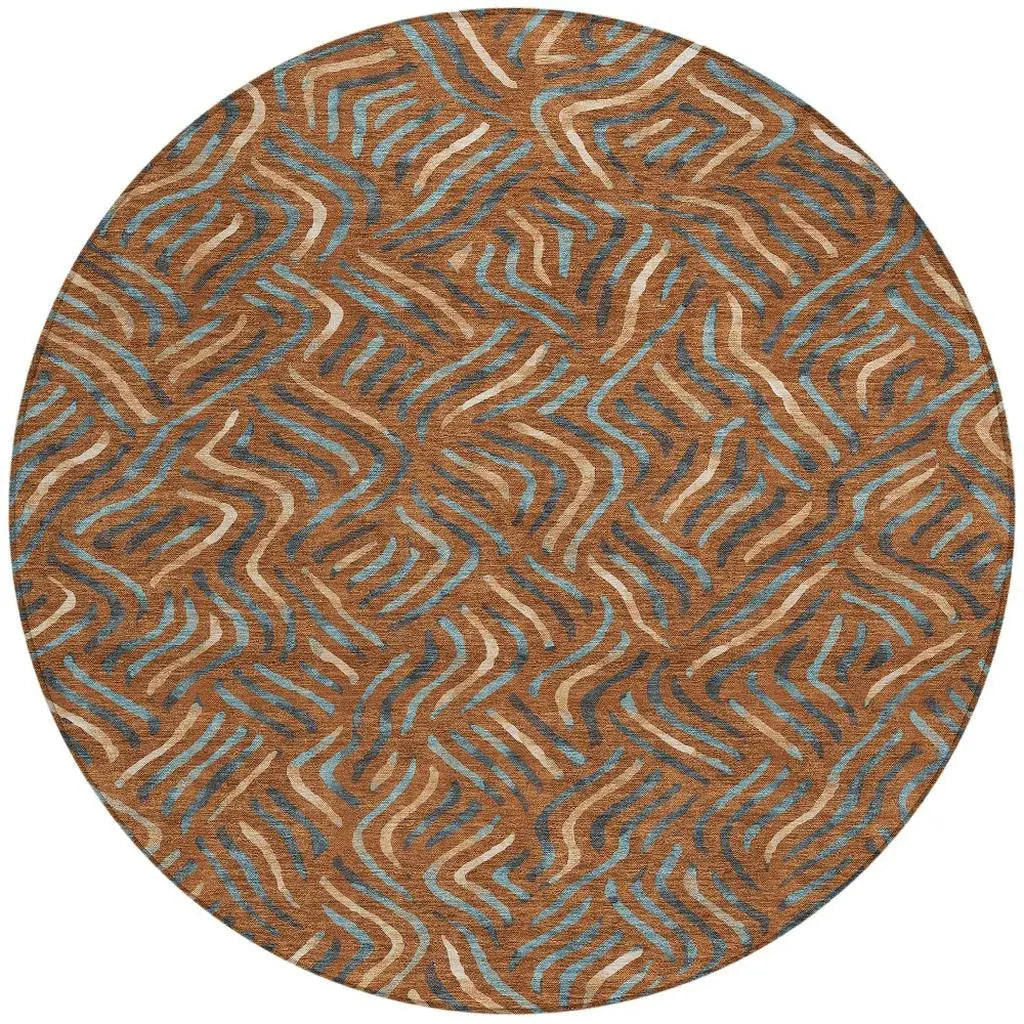 8' Orange And Teal Blue Round Abstract Washable Indoor Outdoor Area Rug Homeroots Outdoor