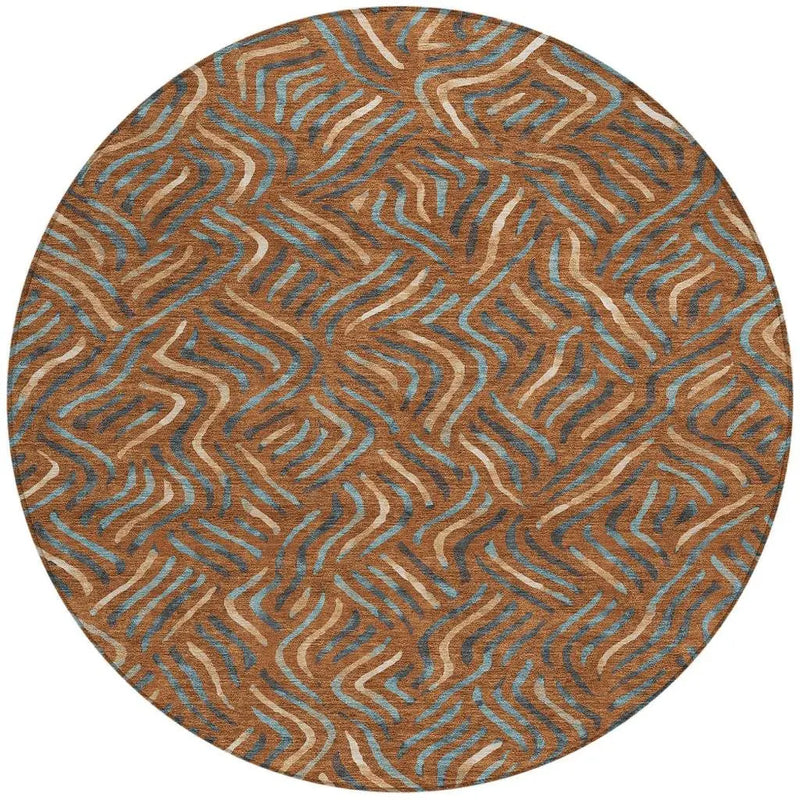 8' Orange And Teal Blue Round Abstract Washable Indoor Outdoor Area Rug Homeroots Outdoor