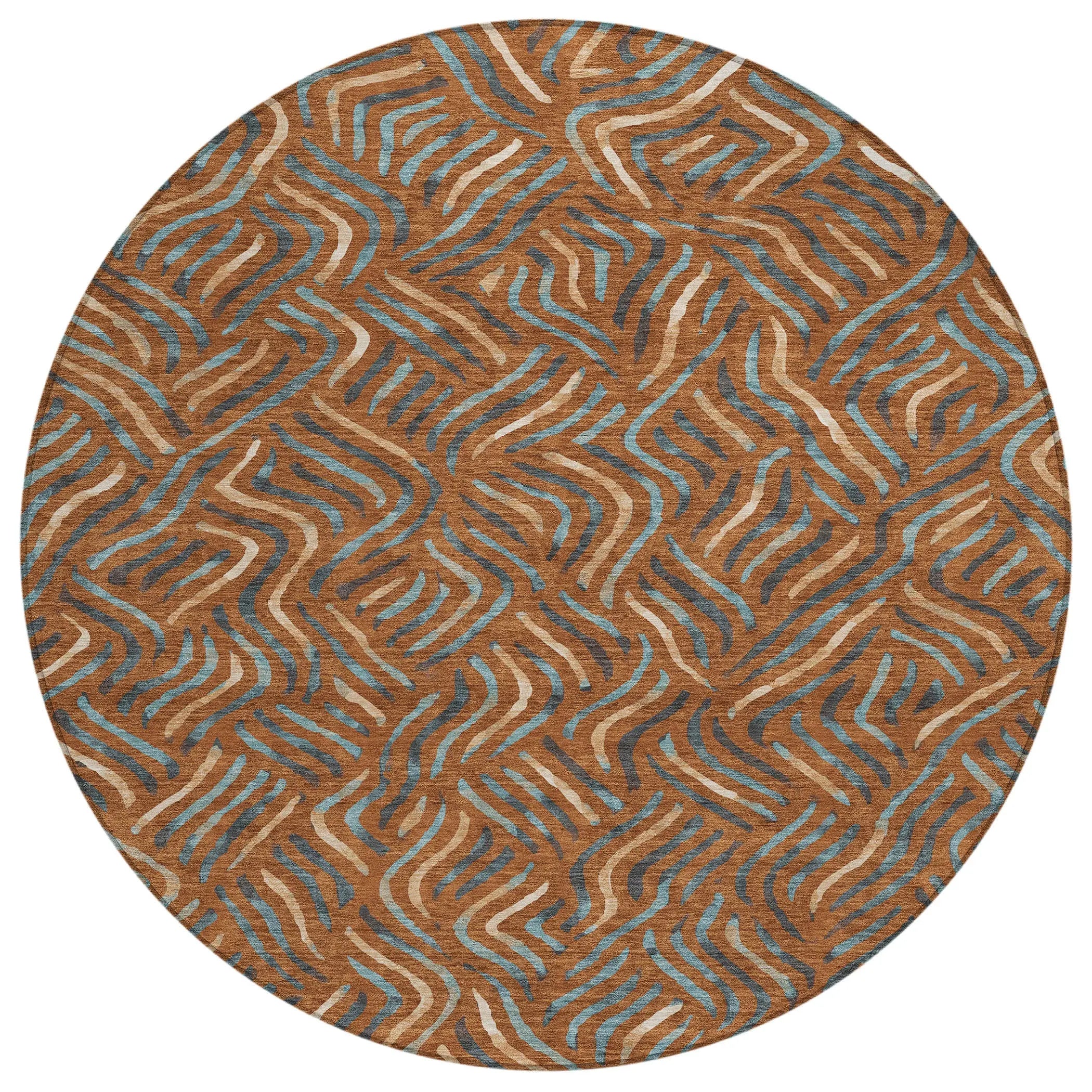 8' Orange And Teal Blue Round Abstract Washable Indoor Outdoor Area Rug Homeroots Outdoor