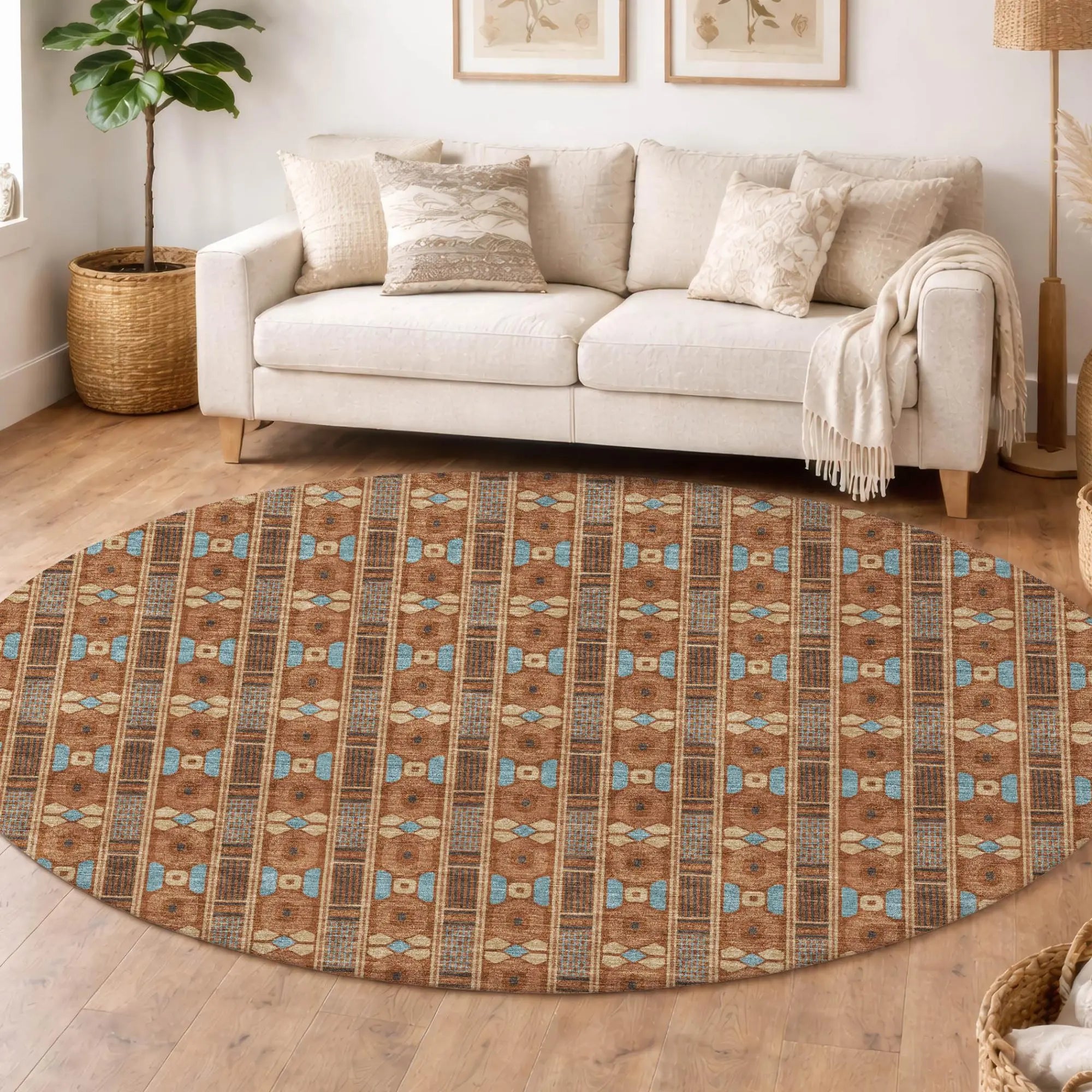 8' Orange And Teal Blue Round Striped Washable Indoor Outdoor Area Rug Homeroots Outdoor