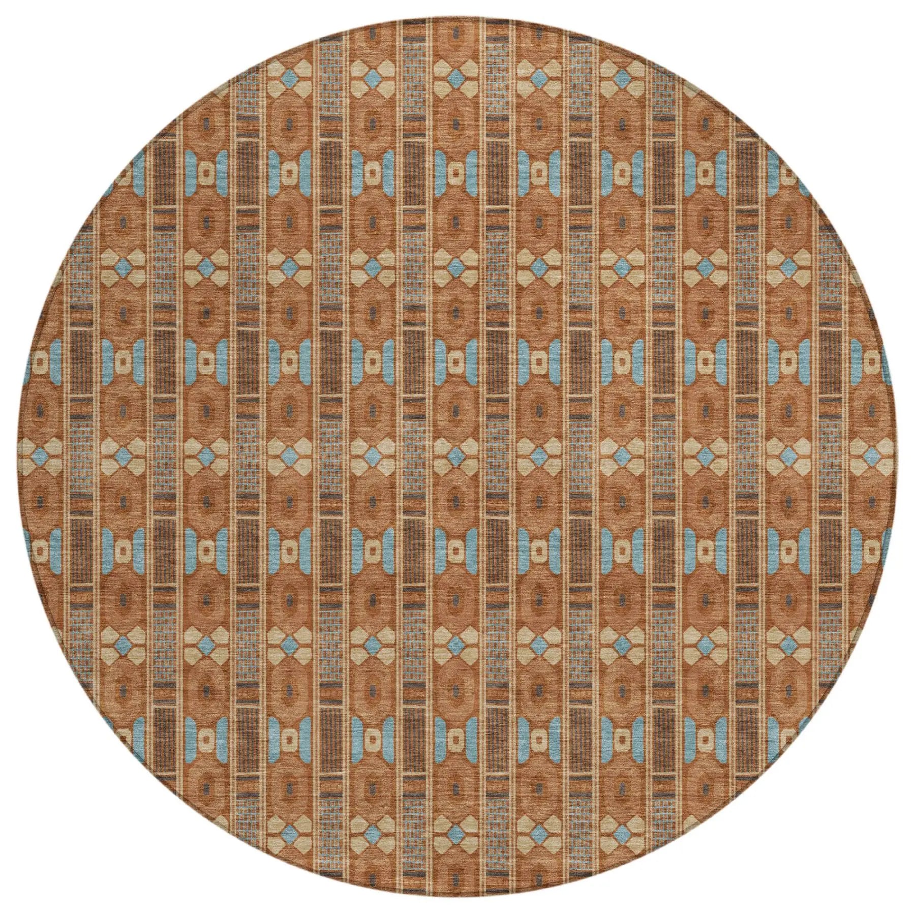 8' Orange And Teal Blue Round Striped Washable Indoor Outdoor Area Rug Homeroots Outdoor