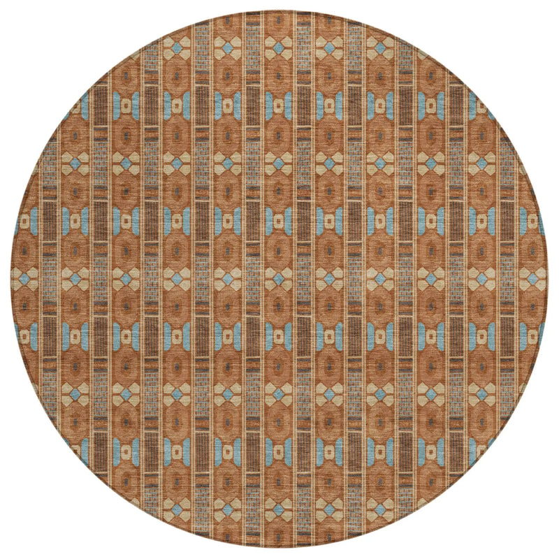 8' Orange And Teal Blue Round Striped Washable Indoor Outdoor Area Rug Homeroots Outdoor