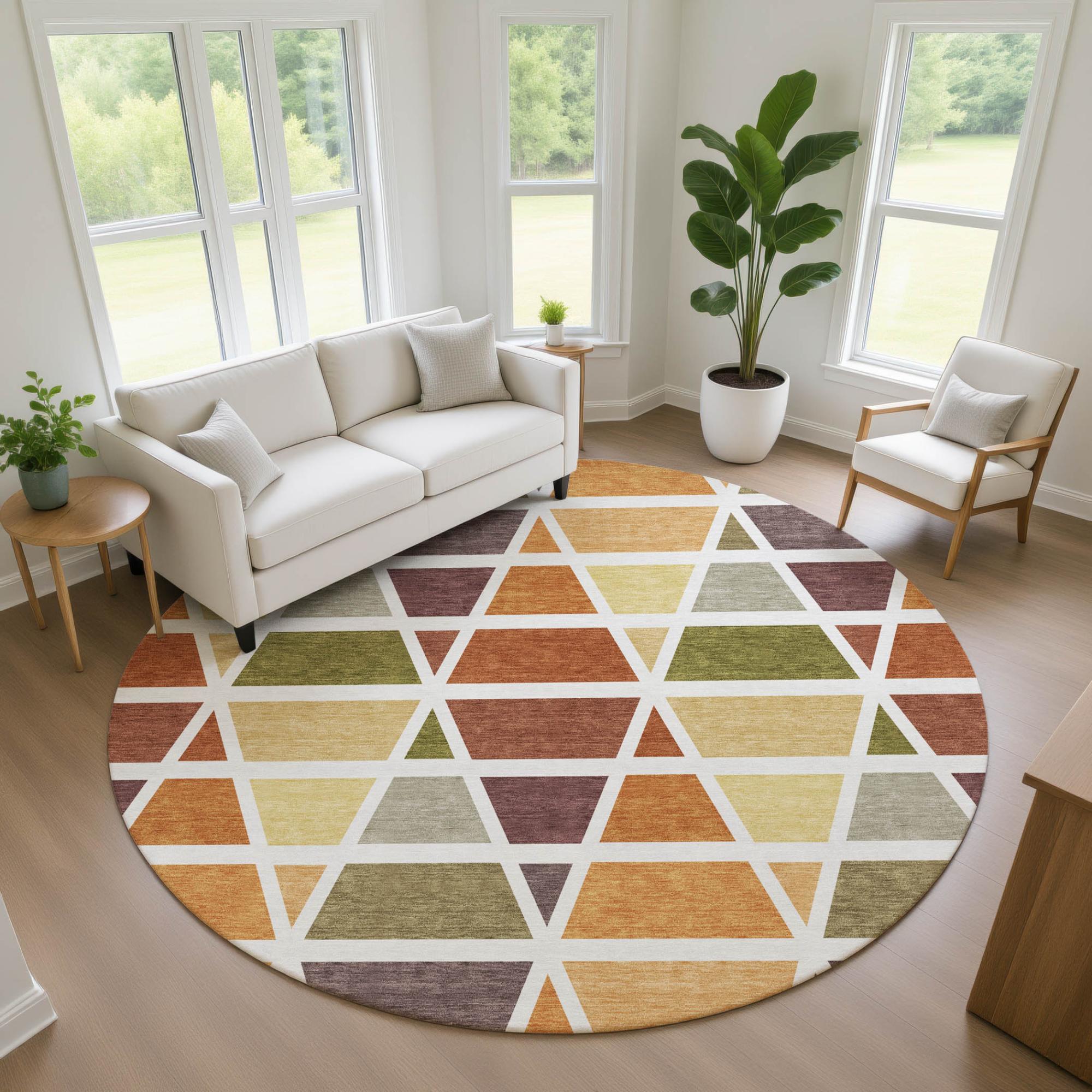 8' Orange And White Round Geometric Washable Indoor Outdoor Area Rug Homeroots Outdoor