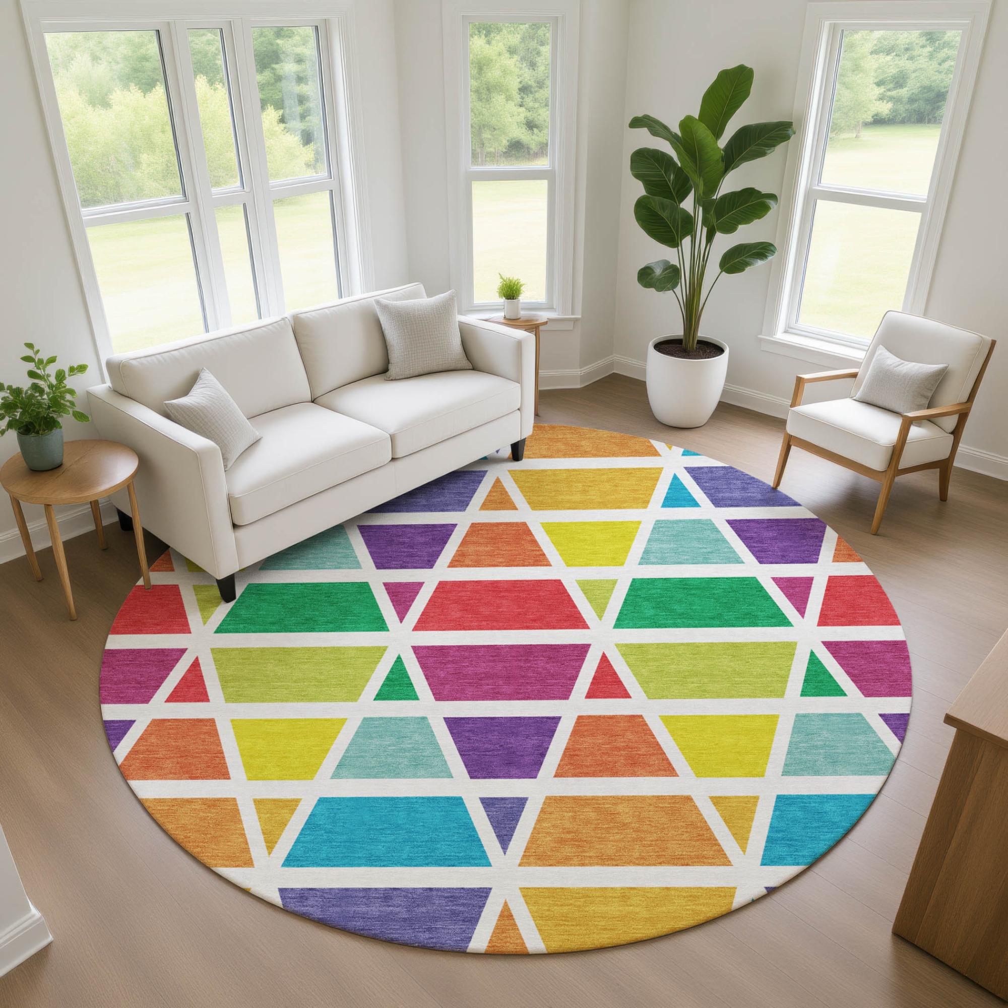 8' Orange And White Round Geometric Washable Indoor Outdoor Area Rug Homeroots Outdoor
