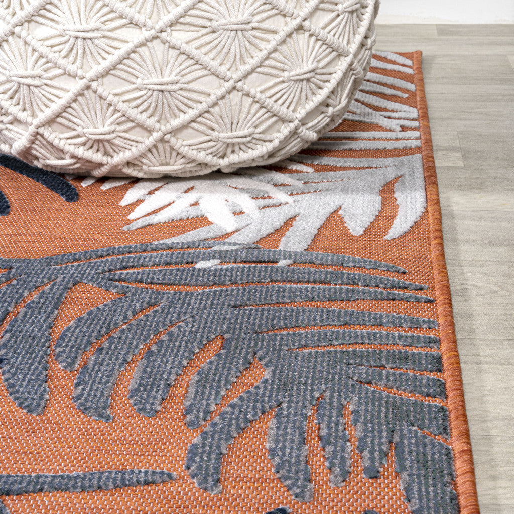8' Orange Navy Blue And Ivory Floral Indoor Outdoor Runner Rug - GreatEagleInc