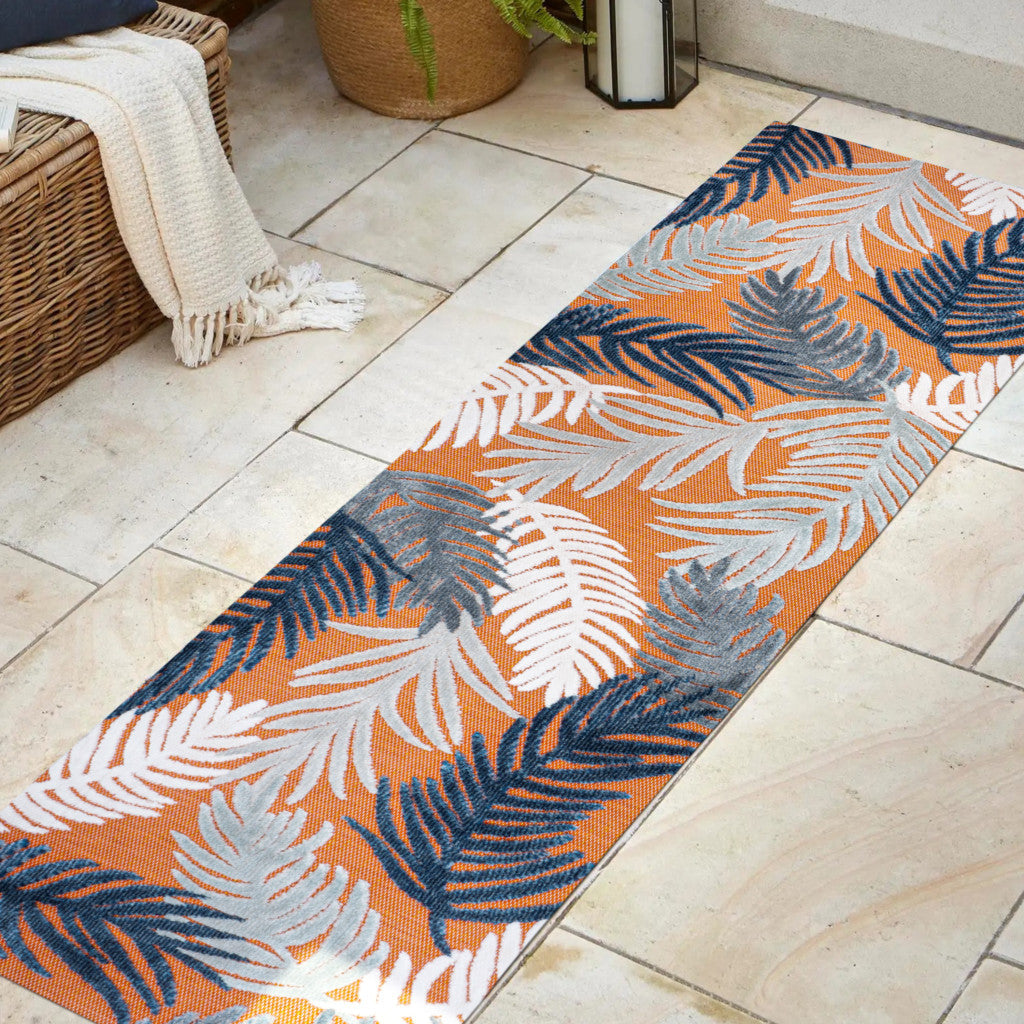 8' Orange Navy Blue And Ivory Floral Indoor Outdoor Runner Rug - GreatEagleInc