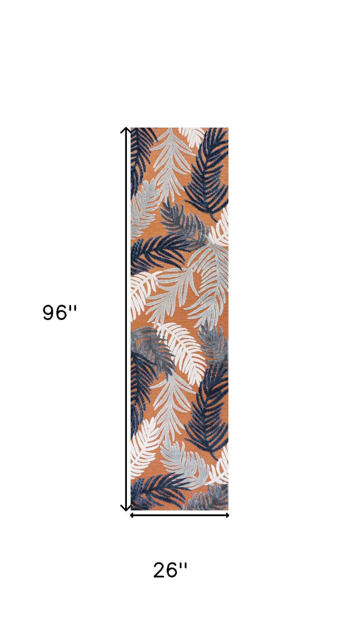 8' Orange Navy Blue And Ivory Floral Indoor Outdoor Runner Rug - GreatEagleInc