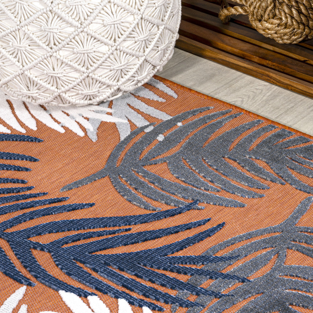 8' Orange Navy Blue And Ivory Floral Indoor Outdoor Runner Rug - GreatEagleInc