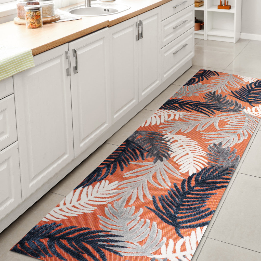 8' Orange Navy Blue And Ivory Floral Indoor Outdoor Runner Rug - GreatEagleInc
